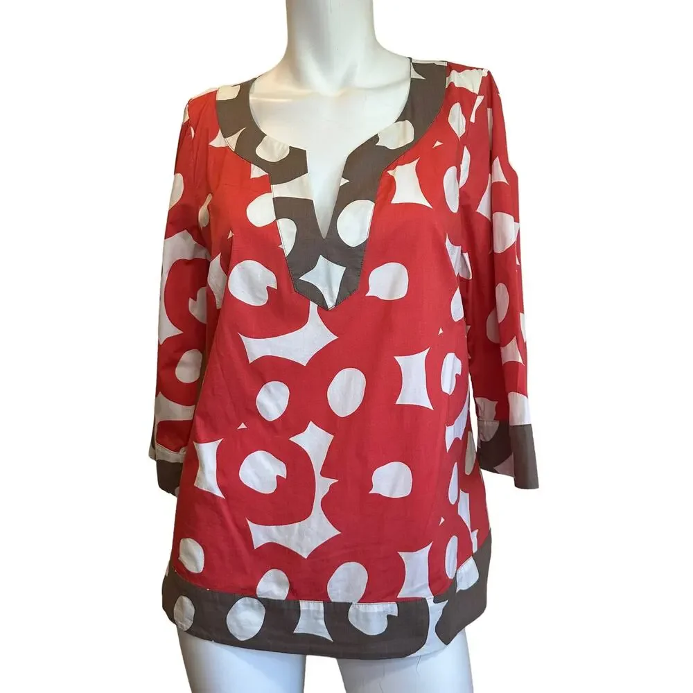 Boden Coral Red, White & Brown Painted Hoops Tunic Top 3/4 Sleeves sz 10 - Picture 1 of 5